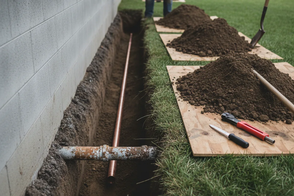 Excavated water line trench during Sewer Line Repair in Wilsons Mills